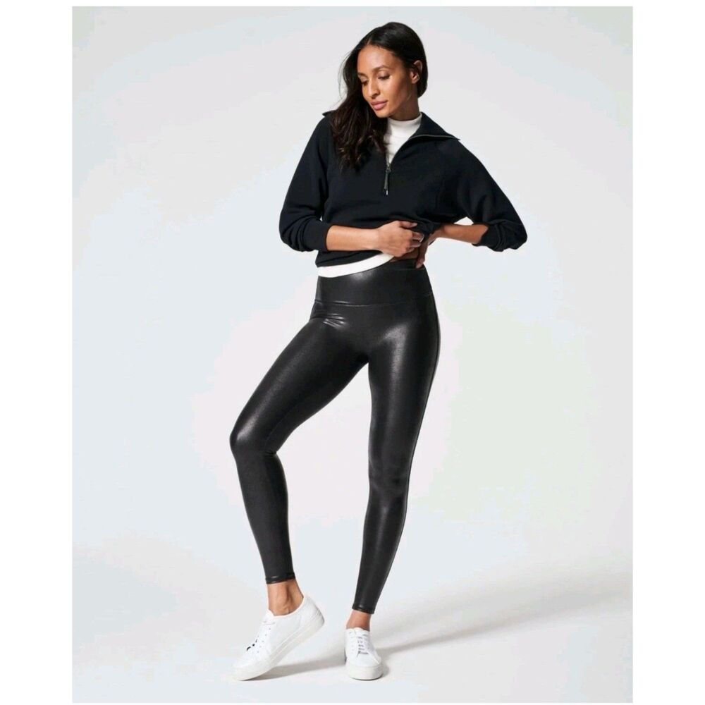 Spanx Faux Leather Leggings Black High Waist Shaping Pants Womens Large 2437